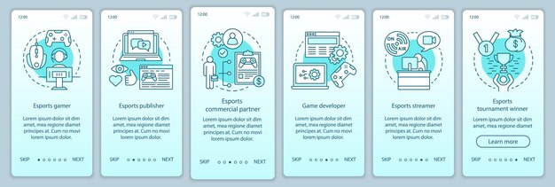 Esportsin perehdytys mobiilisovellussivun vektorimalli. Videopelien kilpailu. Peliturnaus. Verkkosivuston läpikäynti vaiheet lineaarisilla kuvituksilla. UX, UI, GUI älypuhelimen käyttöliittymäkonsepti