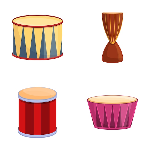 Ethnic drum icons set cartoon vector Drum of different style and color