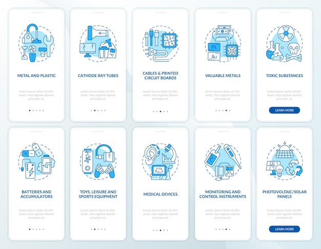 Etrash recycling onboarding mobile app page screen set