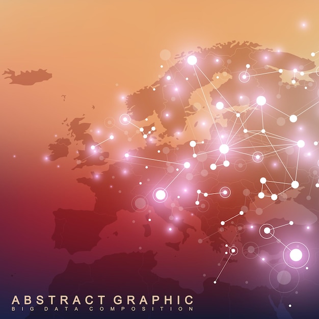 Euroopan kartta. Big data -kompleksi yhdisteillä. Digitaalinen datan visualisointi. Kyberneettinen.