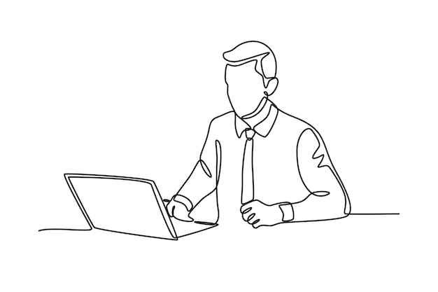 Excited business man in front of laptop Business person with laptop concept oneline drawing