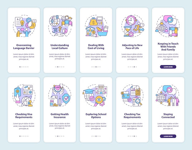 Expats onboarding mobile app page screen set