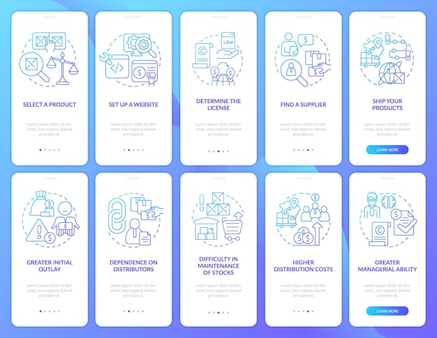 Export import business blue gradient onboarding mobile app screen set