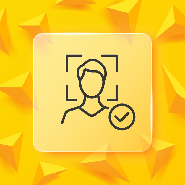 Face ID -viivakuvake. Tunnista, tunnistus, vahvistus, skannaus, kehys, valintamerkki, henkilötietojen suojaus, biometria-konsepti. Glassmorphism-tyyli. Vektoriviivakuvake yrityksille ja mainontaan