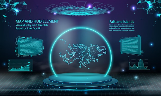 Falkland Islands map light connecting effect background abstract digital technology UI GUI futuristic HUD Virtual Interface with falkland map Stage futuristic podium in fog