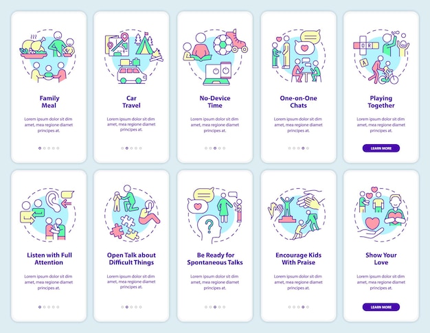 family relationship management onboarding mobile app screen set