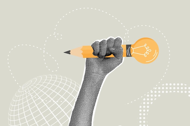 fancy halftone collage concept of knowledge inspiration to take notes to create a new idea