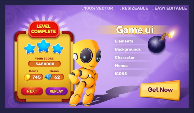 Fantasy game ui robot and level complete