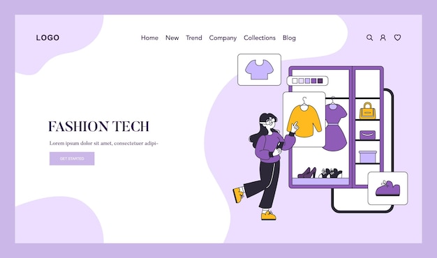 fashion tech concept woman interacts with a digital wardrobe interface showcasing clothing and