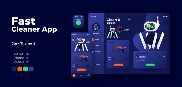 Fast cleaner app screen vector adaptive design template. Productivity optimization application night mode interface with flat character. Memory boost smartphone, tablet, smart watch cartoon UI