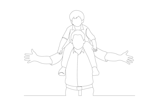 Father carrying his son on his shoulders continuous outline vector isolated on white background