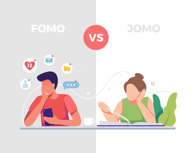 fear of missing out vs joy of missing out. differences between fomo and jomo life. young man who is afraid to miss something and young girl who joy of missing out. vector illustration in a flat style