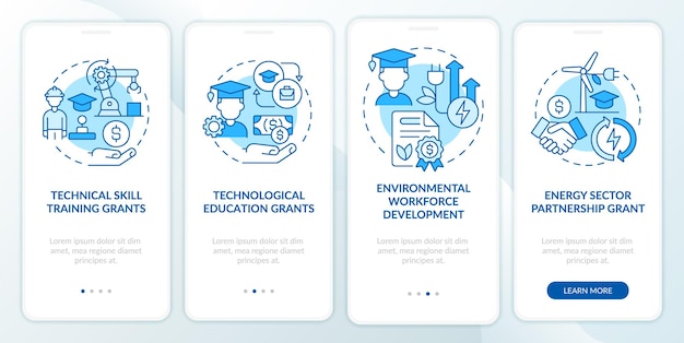 Federal grants for tech training blue onboarding mobile app screen Walkthrough 4 steps graphic instructions pages with linear concepts UI UX GUI template Myriad ProBold Regular fonts used