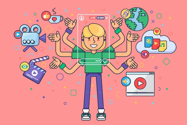Female blogger lifestyle semi flat concept illustration. Online broadcast producing tools. European girl cartoon character making live stream.  isolated color drawing