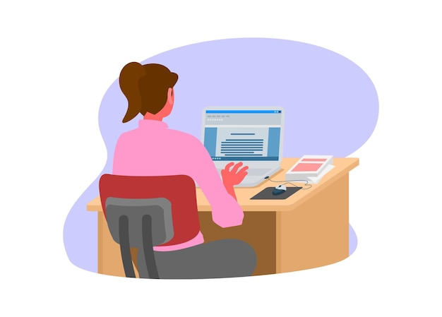 Female employee typing on the laptop Backside view Simple flat illustration