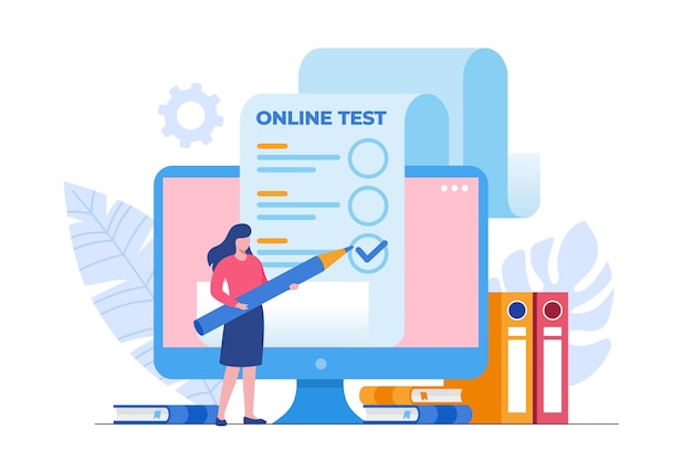 Female student passing online test and checking answers. Flat vector illustration