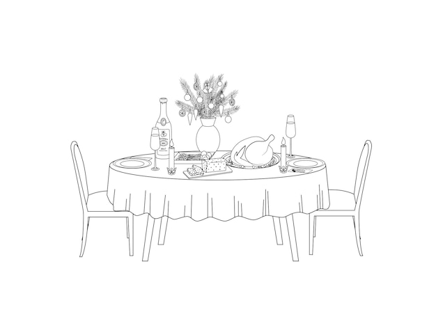 festive table coloring page black and white christmas table color me vector