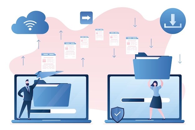 File transfer smart businessman send and woman receives documents Clouds technology concept vector