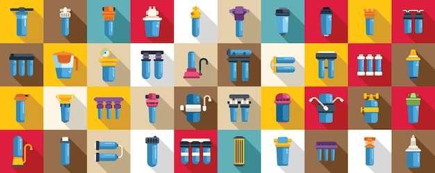 filter for water purification icons set vector a collection of blue water filters with a red and yellow background
