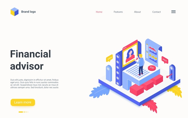 Financial advisor service isometric landing page expert consulting working on charts