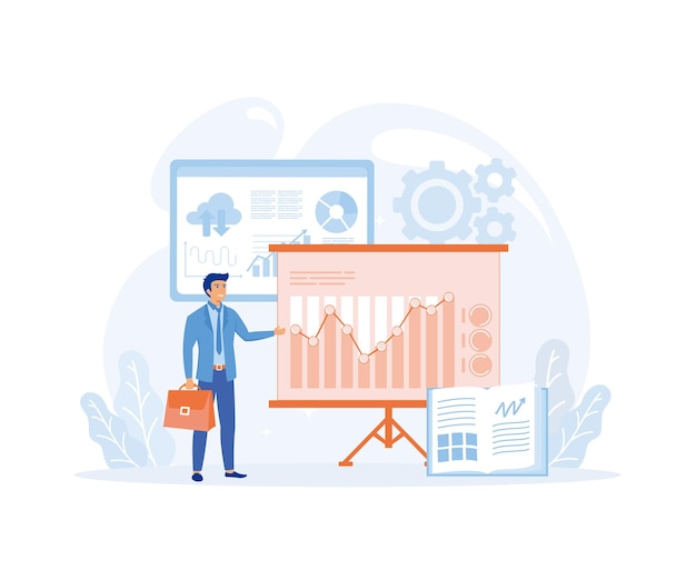Financial consultant concept Consultant businessman near blackboard holding a pointer in hand