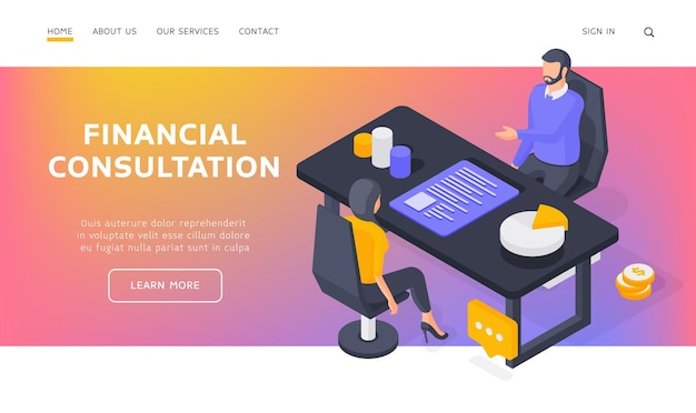 Financial consultation landing page banner template. Woman sitting on chair and receiving money management advice from man. Isometric  illustration