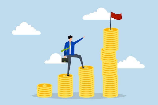 Financial goal businessman steps up to climb stack of coins with aim of reaching the target flag