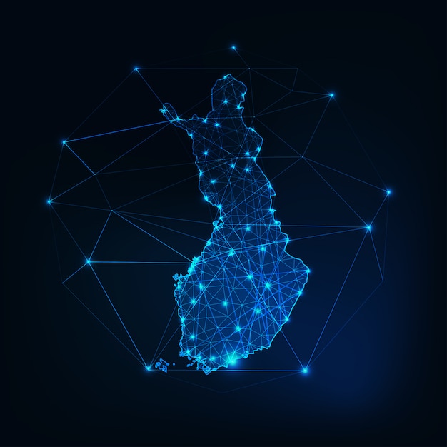 Finland map glowing silhouette outline made of low polygonal shapes.