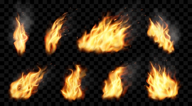 Fire flame Realistic burn effect Hot combustion Spark and smoke Hell blaze Red and dark fireplace Fiery explosion Torch light Bonfire elements set Vector neoteric illustration