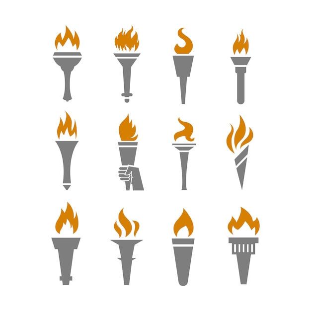 Fire torch with flame flat icons set