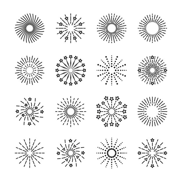 Firework explosion icon Line sparkle Outline birthday party elements Set of burst stars sparks and salutes