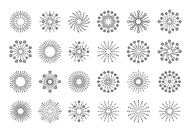 Firework icons Set outline sparkle explosions Vector illustration