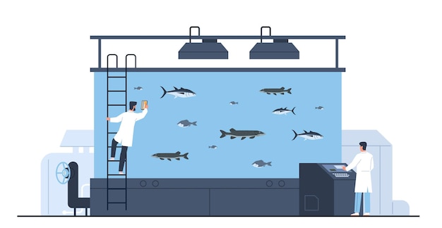 Fish farm concept Seafood aquaculture valuable breeds artificial breeding and cultivation eco systems care and control huge aquarium food industry nowaday vector cartoon illustration