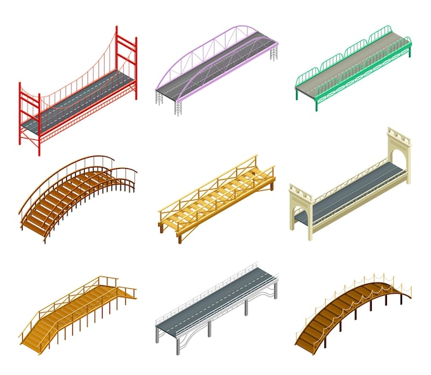 Fixed bridges made of wood or metal with beam and arch bridge isometric vector set