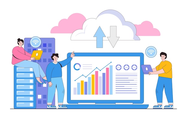 Flat business technology cloud computing service concept Administrator and developer team connecting datacenter storage server Outline design style minimal vector illustration