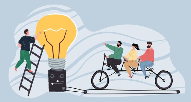 Flat cartoon characters rides tandem bicycleidea creation and successful teamwork metaphor vector il...