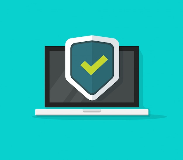 flat cartoon computer laptop protected via security shield vector symbol