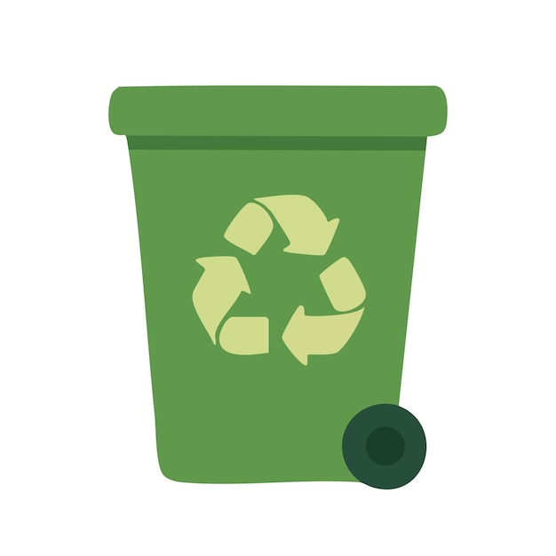 Flat cartoon illustration of green trash bin with recycling symbol Ecofriendly waste container