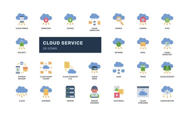 Flat Cloud Service Icon Set for SaaS Storage and Network Apps