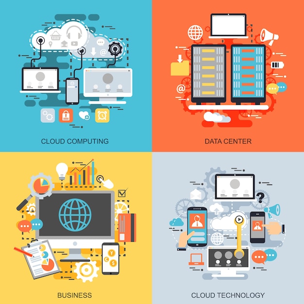 Flat conceptual icons set of cloud data technology services, global connection.