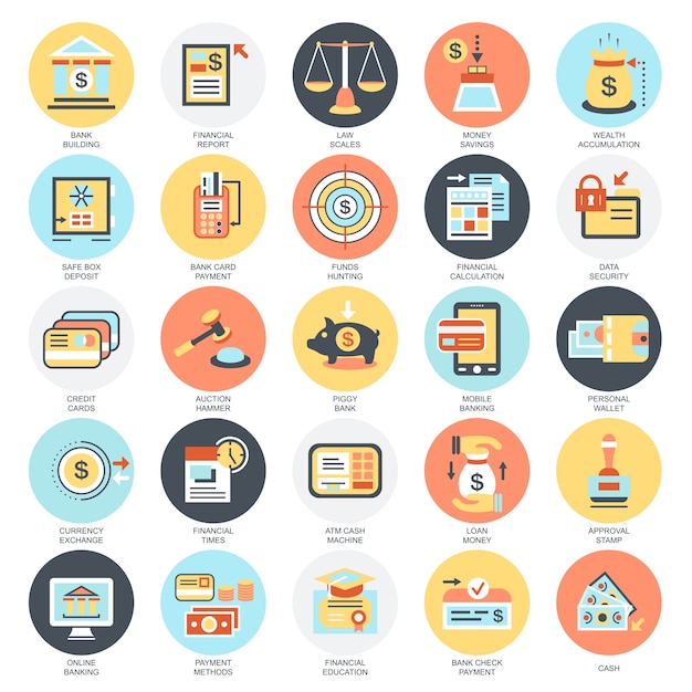 Flat conceptual icons set of economics, banking and financial services, money savings.