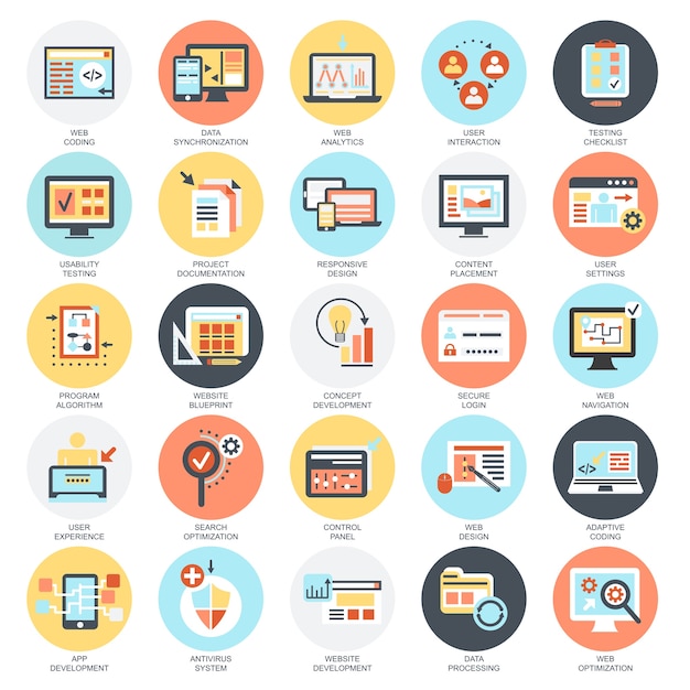 Flat conceptual icons set of web design and development, web coding, app programming.