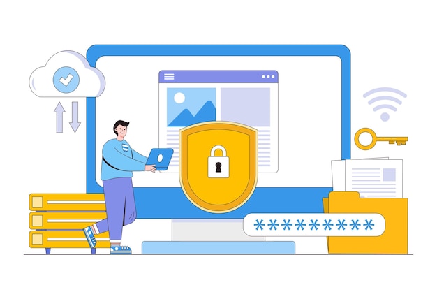 Flat data protection concept with people characters Outline design style minimal vector illustration for landing page web banner infographics hero images