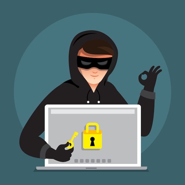 flat design concept hacker activity cyber thief on internet device. illustrate.