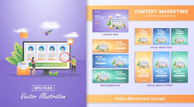 Flat design concept of Online recruitment. businessman and women open recruitment, find and choose candidates who fit the criteria. 