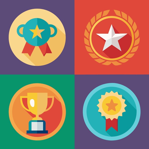 Flat Design Icons of Award Trophies Medals and Stars