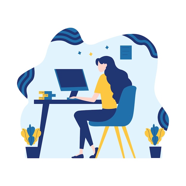 Flat Design Illustration of Woman Employee Working Using Computer at Office with Fluid Background