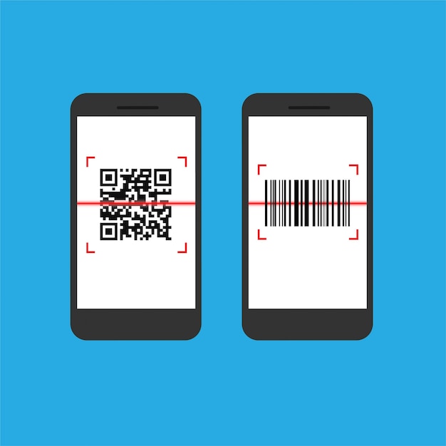 flat design of phone with qr code and barcode on screen.