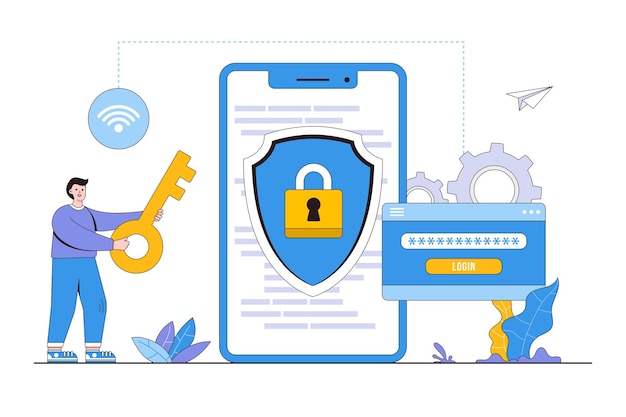 Flat developer setting security system for protect data account and user key password for login mobile phone application concept Outline design style minimal vector illustration