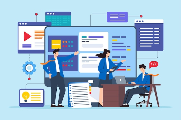 flat illustration of analysts collaborating to solve technical dilemmas on computer screen